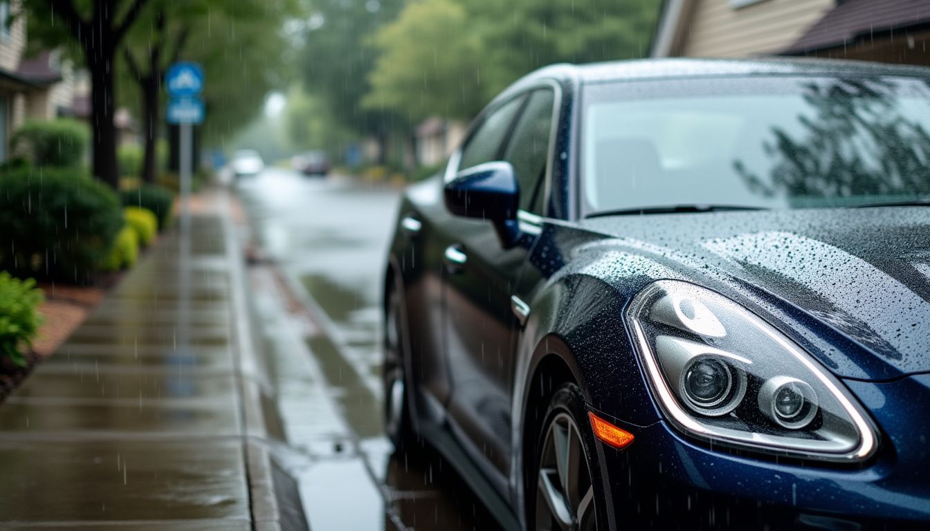 A car with effective ceramic coating repels rainwater in a suburban street.