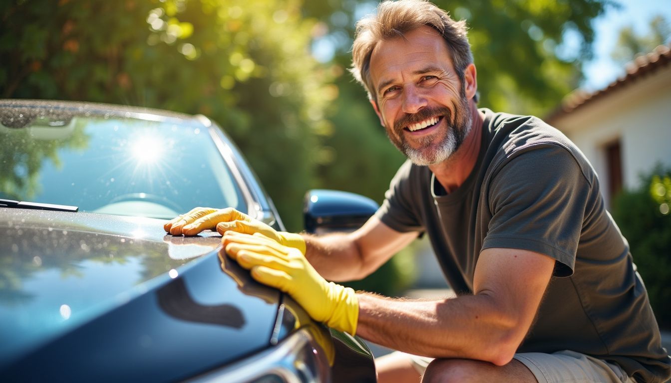 A middle-aged man happily cleans his shiny car in the driveway on a sunny day.