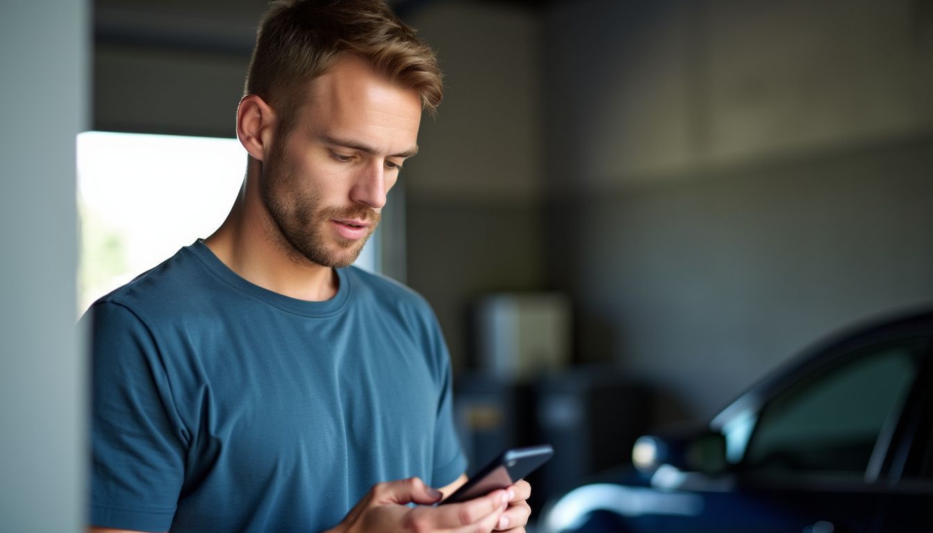 A man in his 30s is in a dimly lit garage, comparing prices for ceramic coating services on his smartphone.