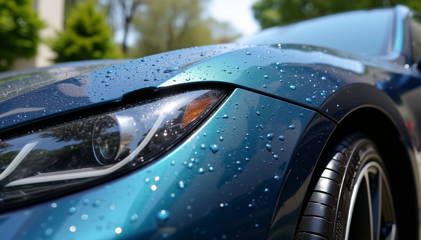 The car in the photo has a shiny ceramic coating that repels water and dirt, maintaining a glossy finish.