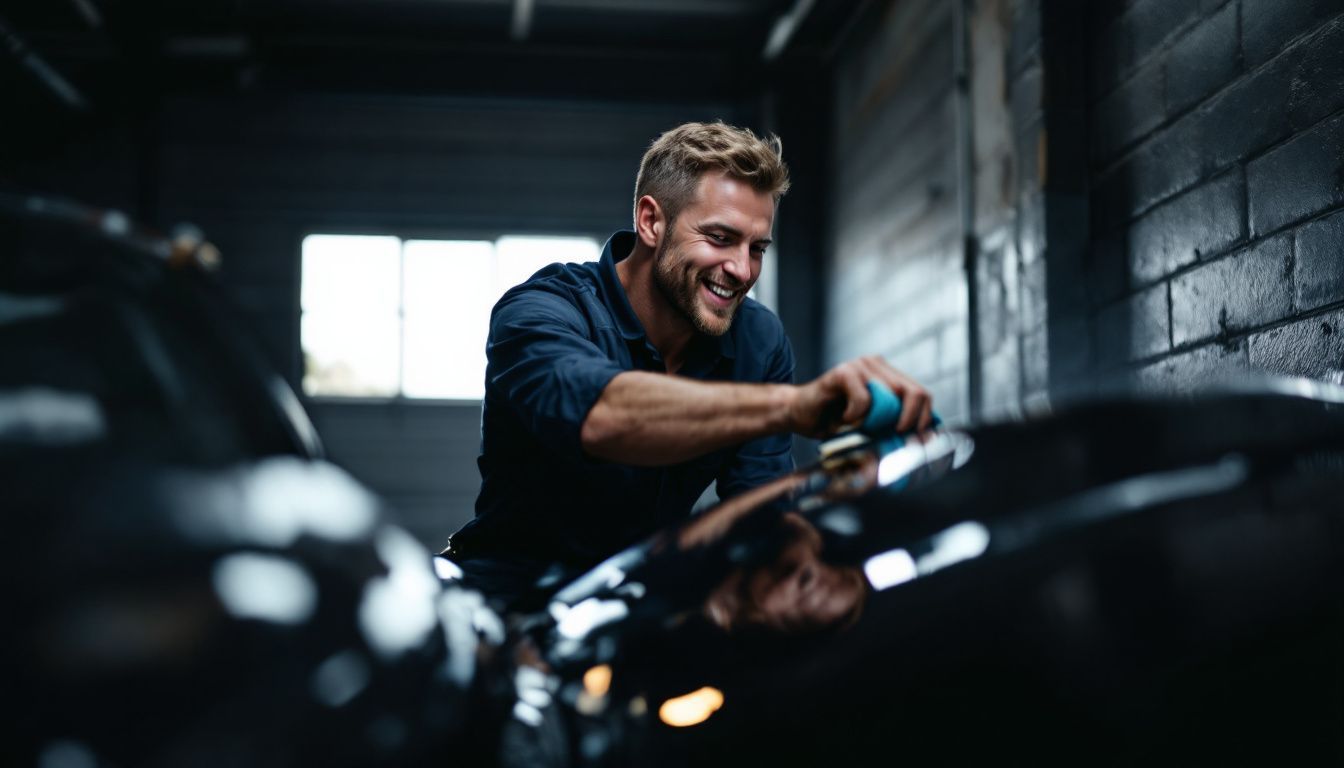 A mechanic applies a ceramic coating to protect a black sports car's paint.