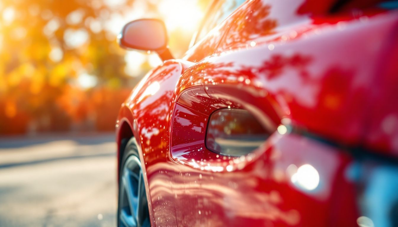 A red sports car with a shiny ceramic coating parked under the hot Australian sun.