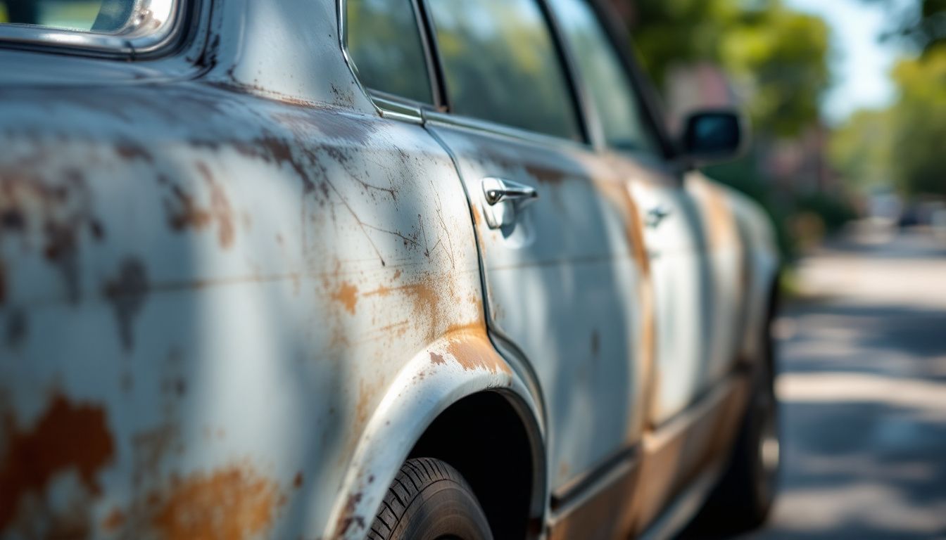 An old, worn sedan highlights the battle between Paint Protection Film and ceramic coating for car maintenance.