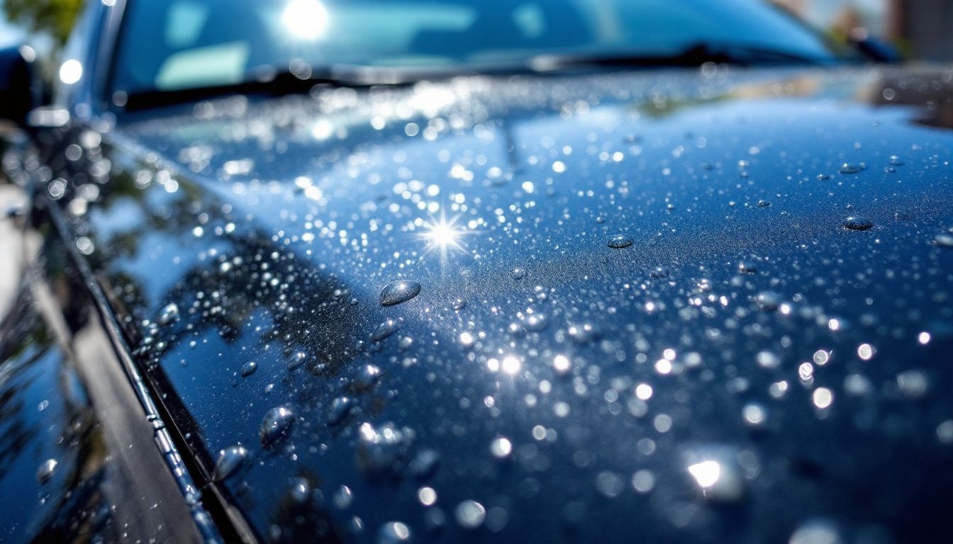 The photo shows a shiny car surface with water beading, highlighting its durable ceramic coating.