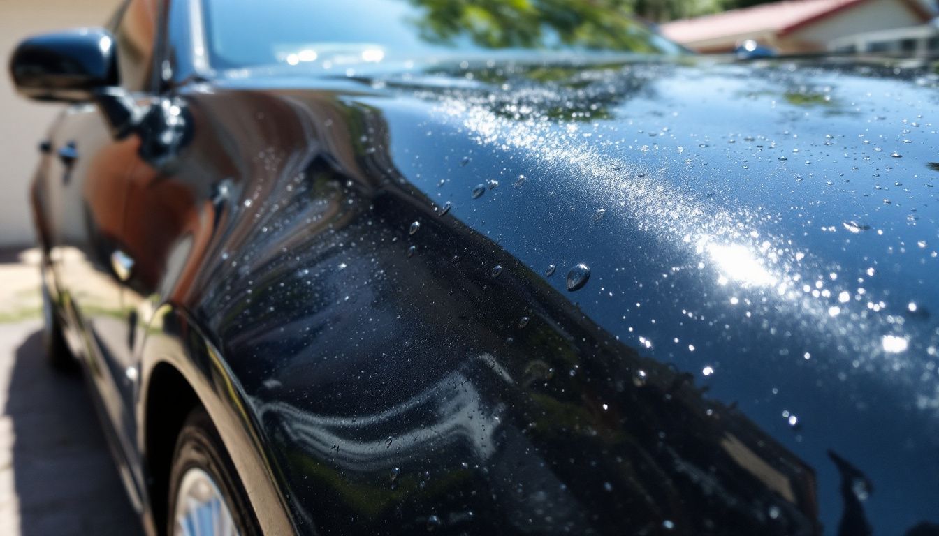 A shiny black car in a residential driveway showcases the effectiveness of its ceramic coating.