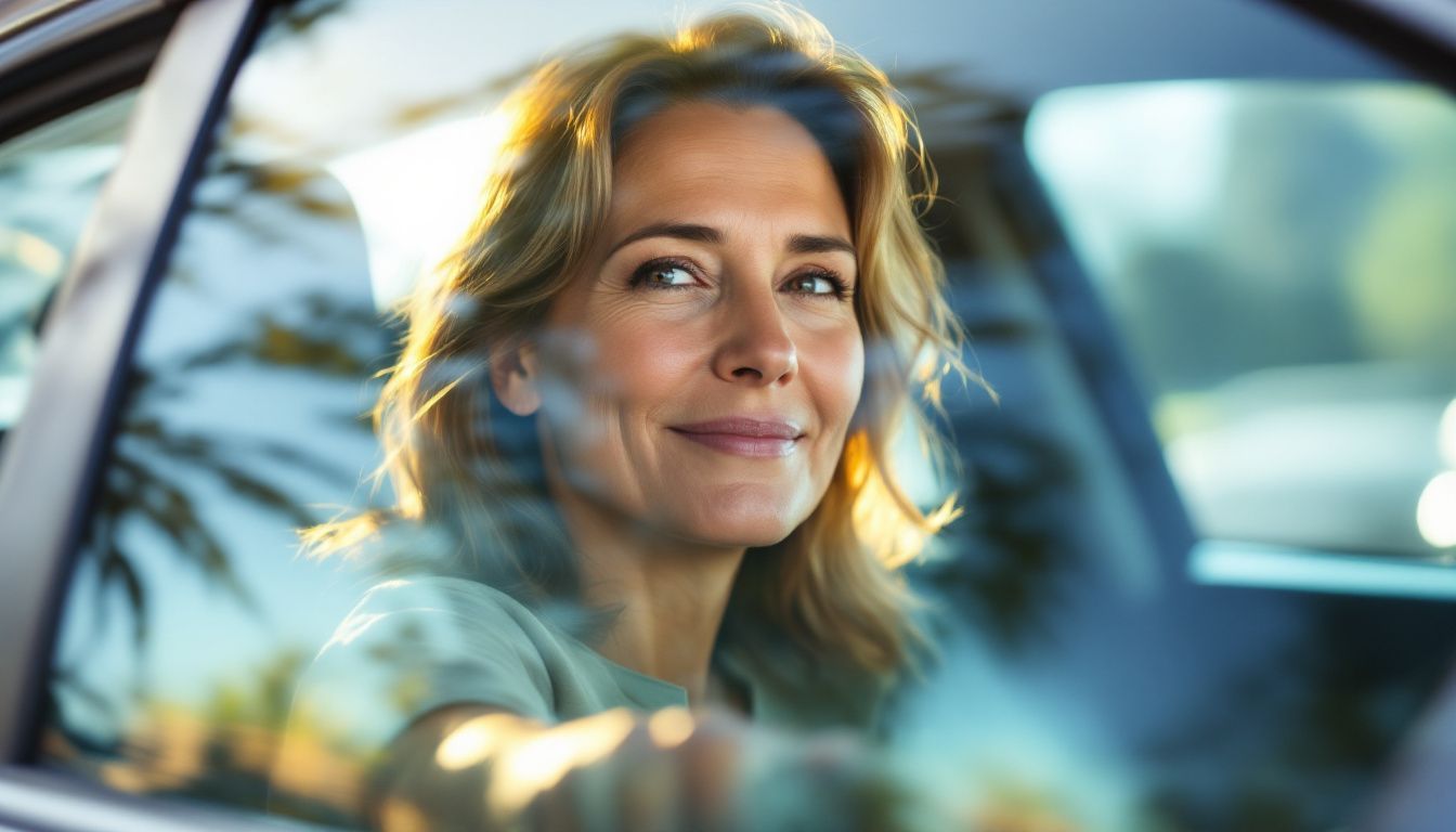 A woman sits in a car with UV Shield Ceramic window tint, enjoying softened sunlight and clear view.