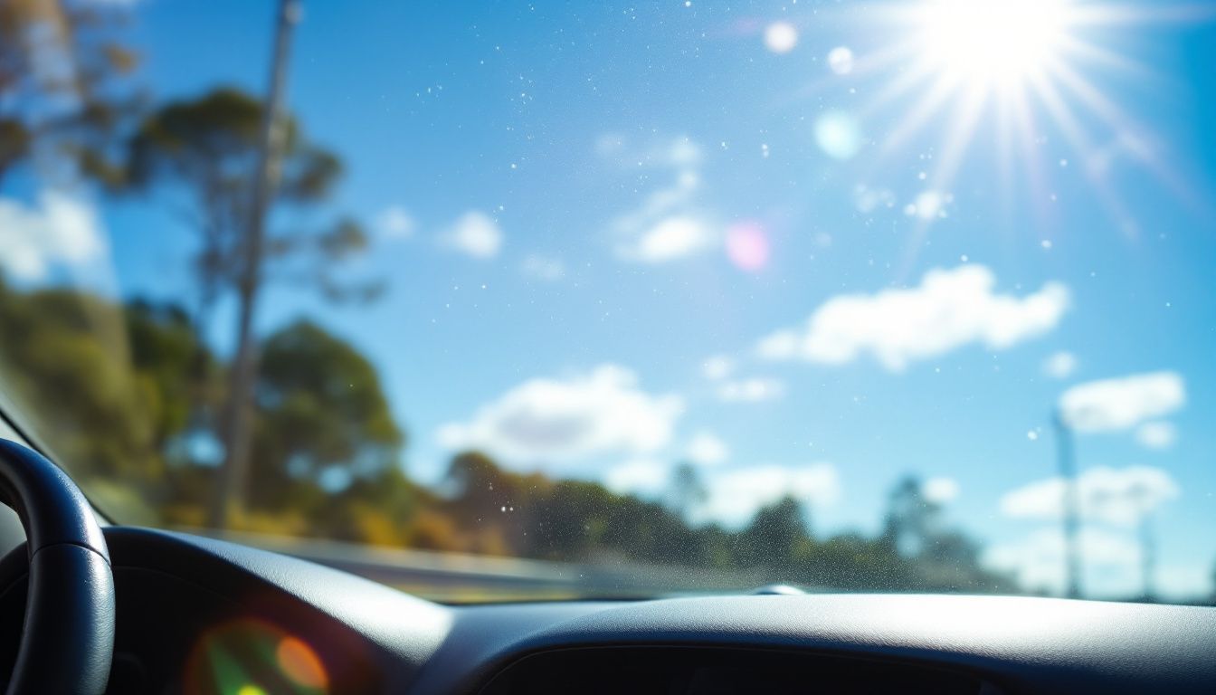 A sunlit car dashboard in Australia emphasizes the need for UV protection while driving.