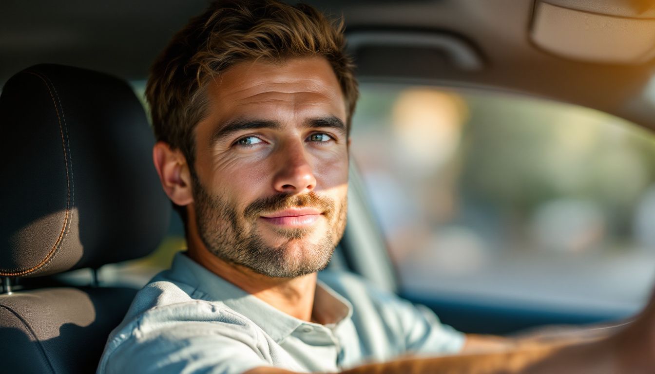 A man in his mid-30s is driving a car with effective UV-protective window tinting.