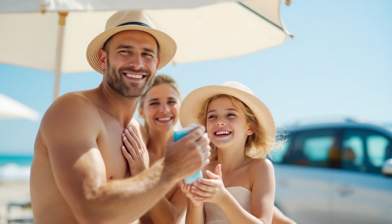 A family at the beach applying sunscreen and wearing sun hats, enjoying a sunny day under UV protective umbrellas.