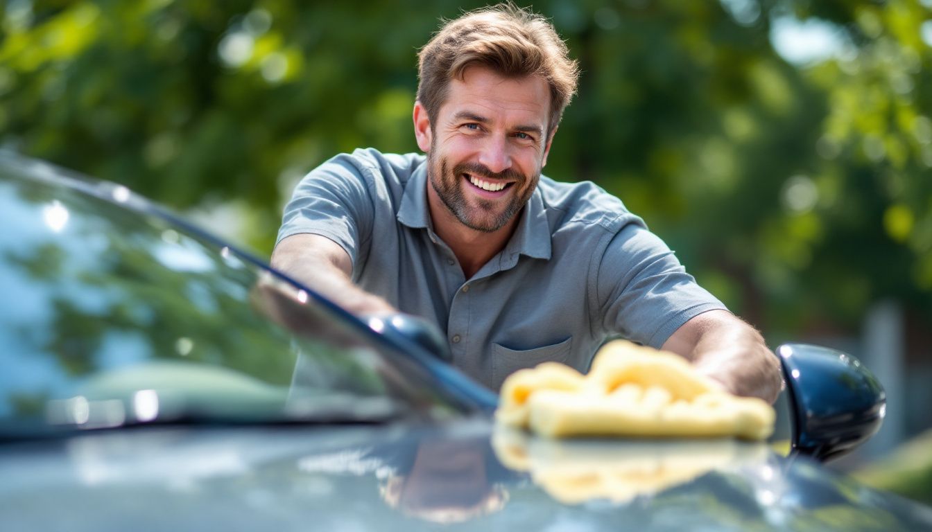 A man gently dries his ceramic coated car with a microfiber towel.