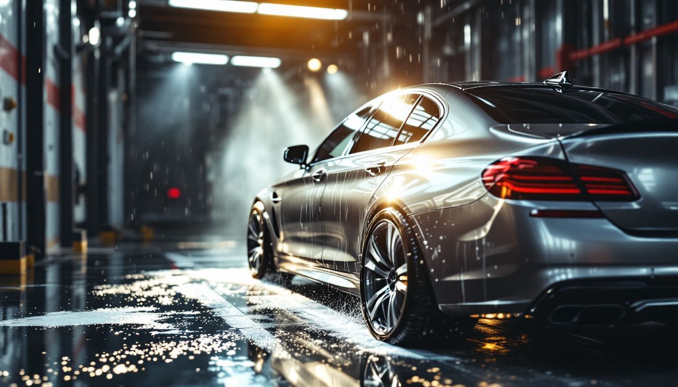 The shiny sedan with a ceramic finish is parked at a car wash facility.