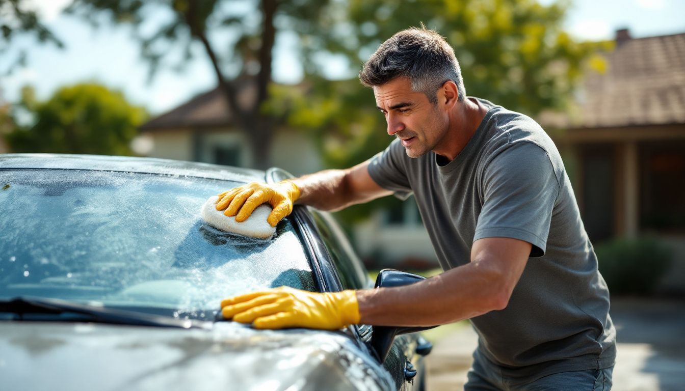 A middle-aged man is casually washing a dirty car in a suburban driveway.