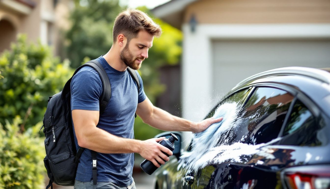 A man washing his ceramic coated car in a suburban driveway.