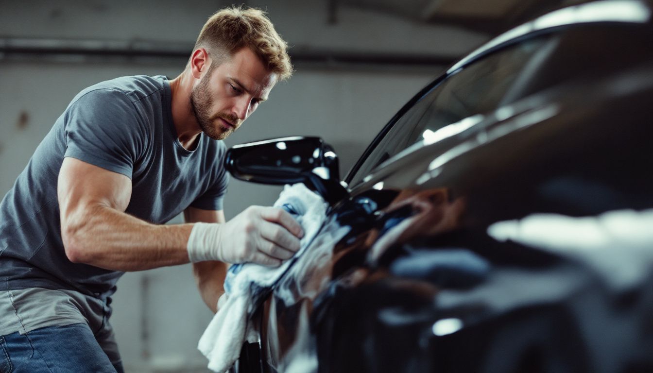 A man in his 30s is carefully applying a ceramic coating to a black sports car in a dimly lit garage.