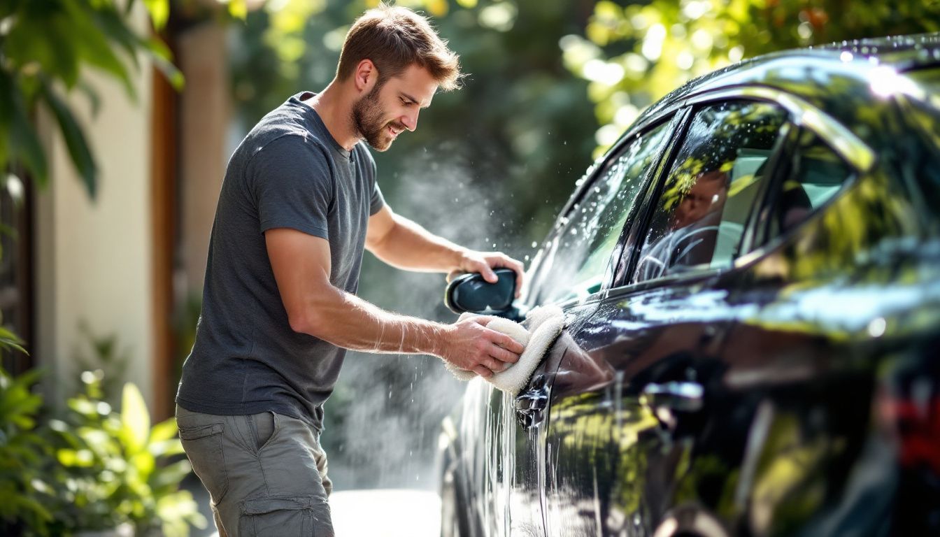 A man in his 30s is washing a shiny ceramic-coated car using the two-bucket washing method.