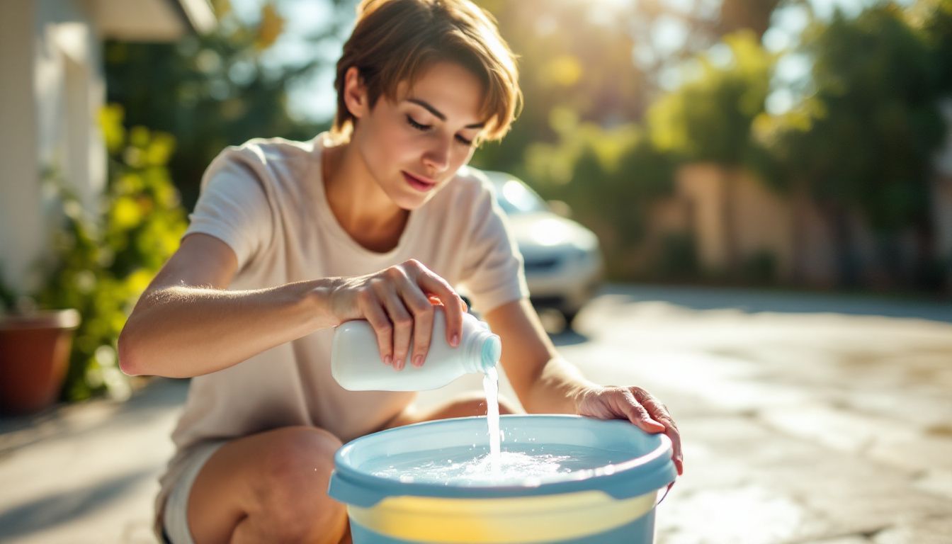 A person is mixing car wash soap in a bucket on a sunny driveway.