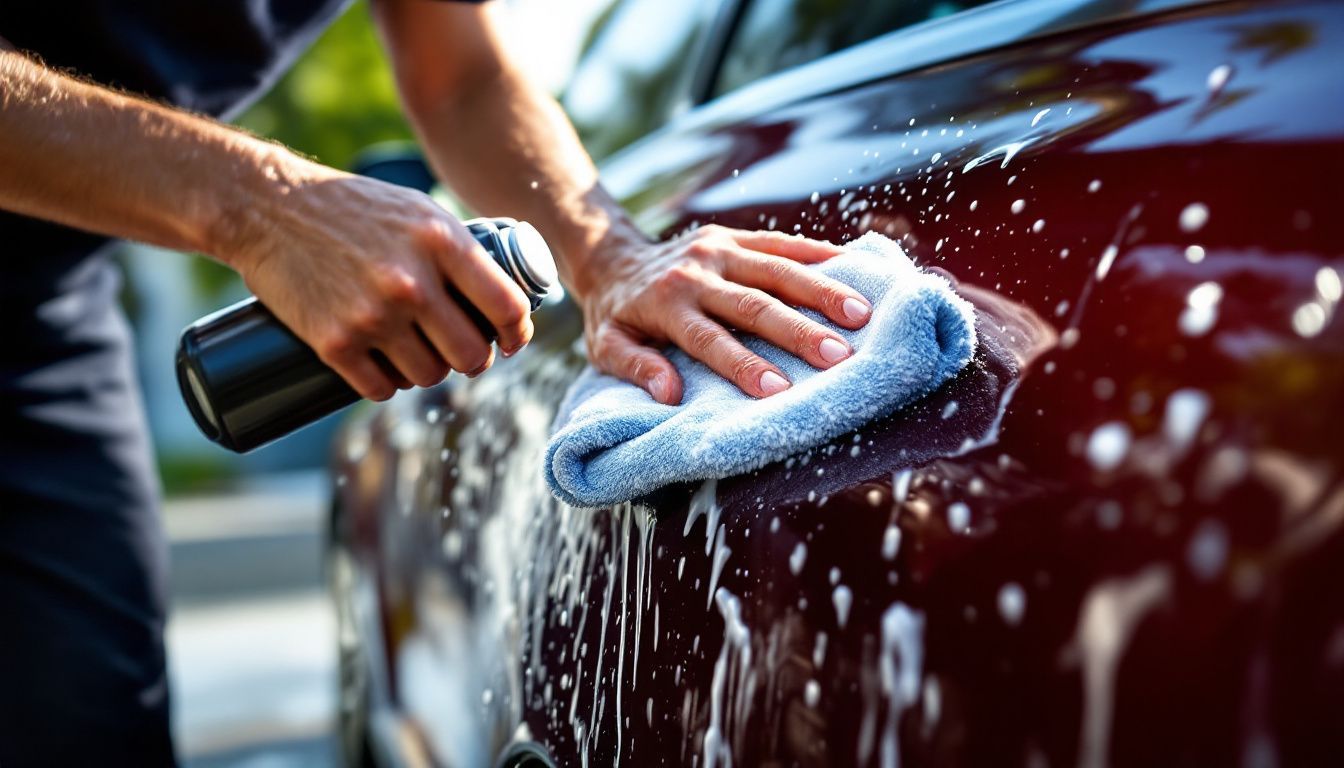 A ceramic-coated car is being washed and treated with pH-neutral shampoo and SiO2 spray for added shine and protection.