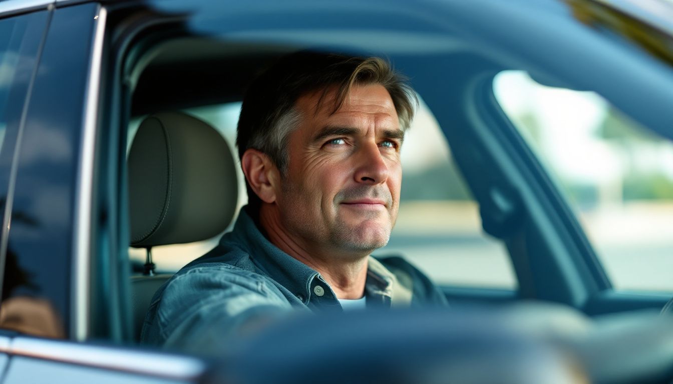 A middle-aged man driving a car with tinted windows on a sunny day.