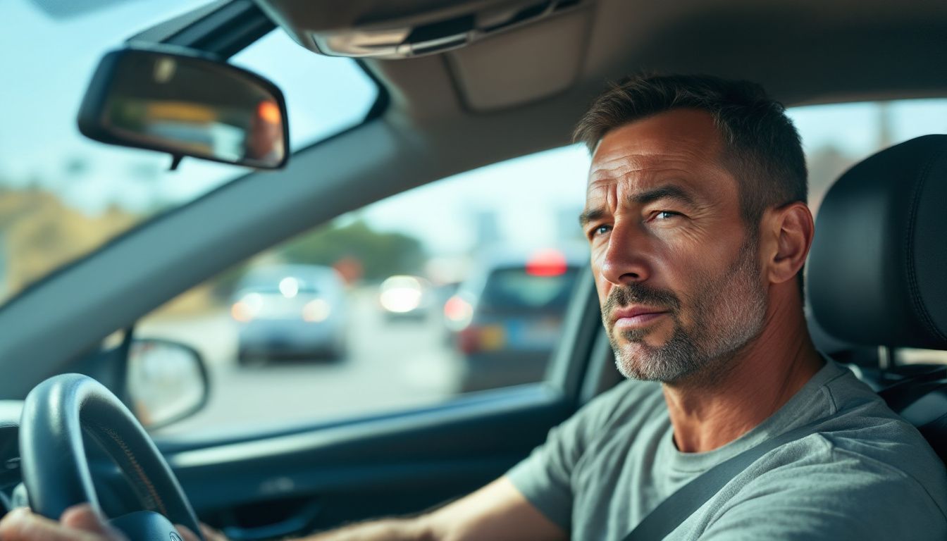 A driver in Perth navigates glare from the sun on a busy road.