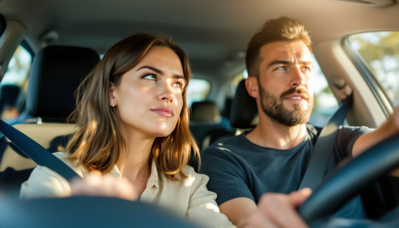 A couple in their 30s squinting in the car, facing the challenges of driving in bright morning sunlight in Perth.