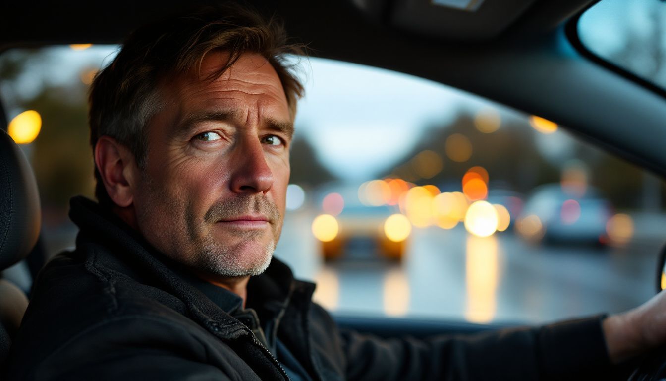 The image shows a middle-aged male driver focused on navigating the wet roads during dusk.