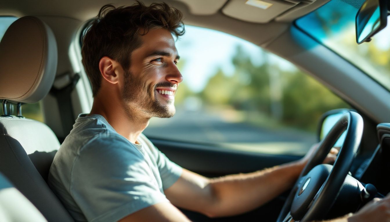 A person drives a car with ceramic window tint, reducing glare by 63%.