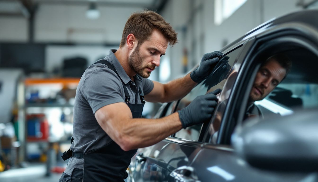 A man in his mid-30s is installing ceramic window tinting on a car window in his garage.