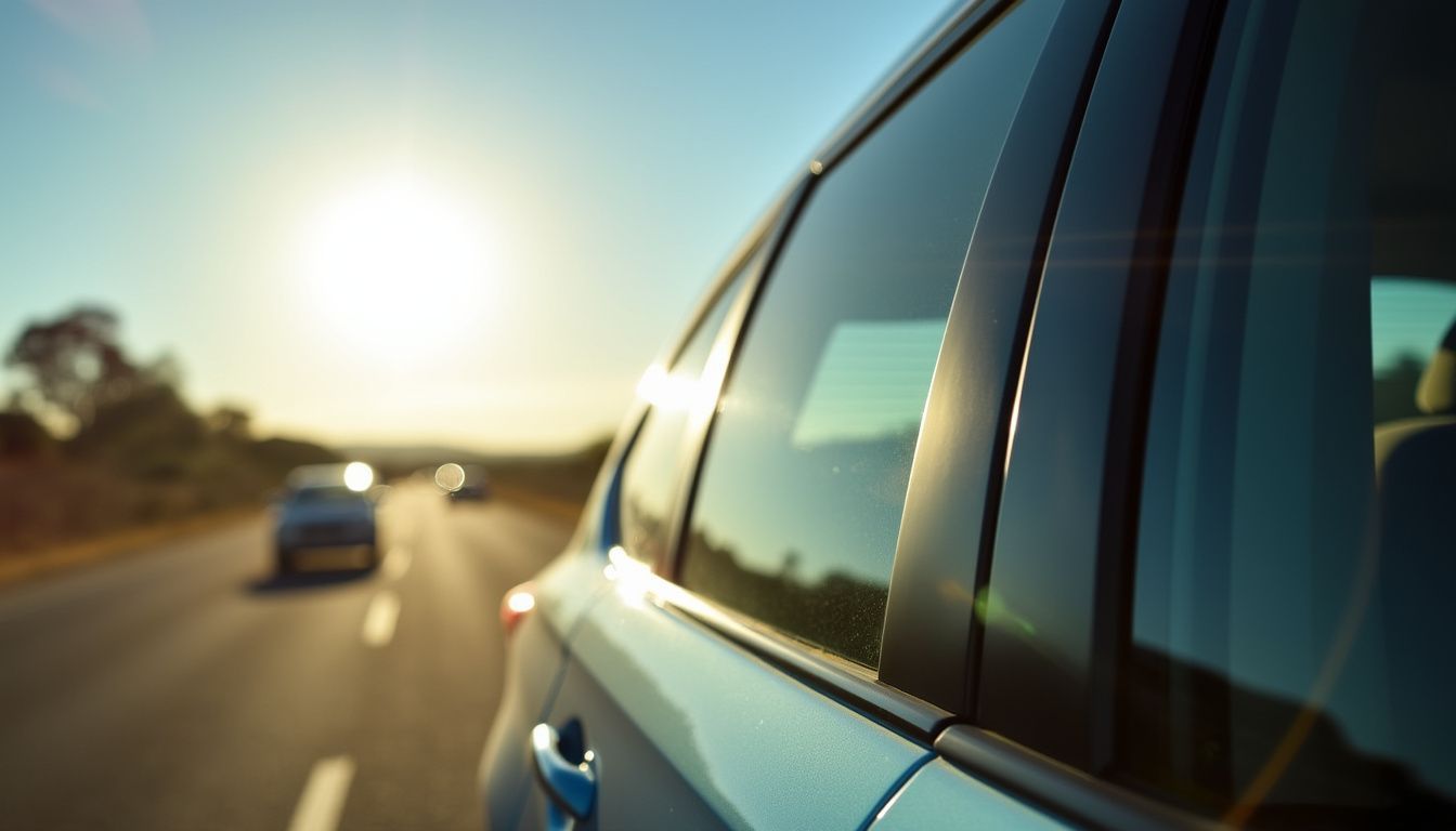 A close-up of a car window with tinted film, providing glare reduction and UV protection.