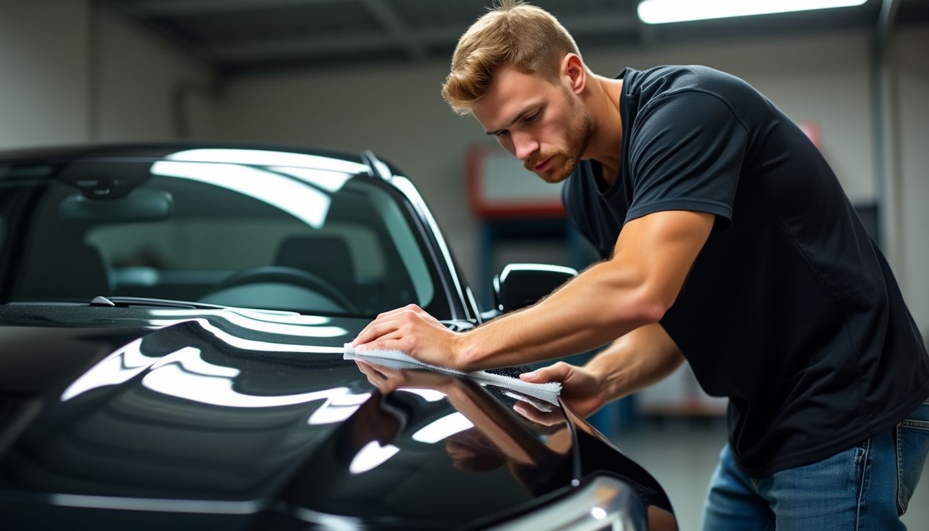 A man in his 30s is applying ceramic coating to a black car in a garage.